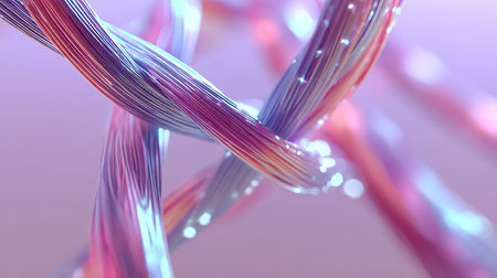 Abstract Network Visualization Featuring Intertwined Fiber Cables with Vibrant Gradient Colors.の素材