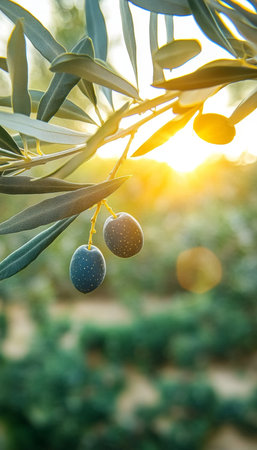 Sunlit Olive Branch with Abundant Fruits and Silvery Leaves, Capturing Mediterranean Orchard Beautyの素材