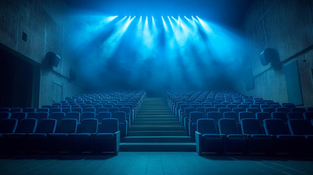 Abandoned Movie Theater Interior with Empty Seats and Dim Lighting Evoking a Sense of Nostalgiaの素材