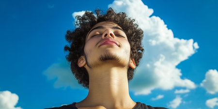 A carefree young man with light skin tilts his head back, breathing deeply under a sunny sky.の素材