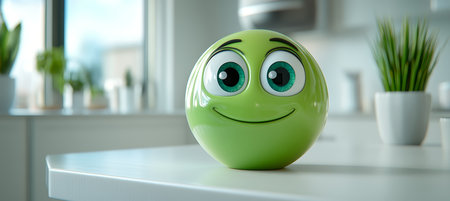 Happy Green Emoji 3D Rendering on a White Background, Perfect for Positive Vibes and Cute Designsの素材