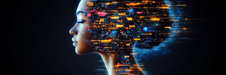 Futuristic AI Woman with Hologram Head and Digital Circuitry Integration in High-Tech Visualizationの素材