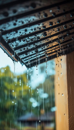 Torrential Rain Shower Creates Stunning Waterfall Effect from Overhang, Nature s Fury Unleashedの素材