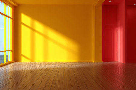 Bright and Spacious Minimalist Yellow Interior Room with Wooden Floor and Sunlight Streaming Inの素材