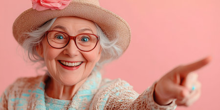 Cheerful Senior Woman in Glasses Actively Indicating Empty Space with Finger for Creative Ideasの素材
