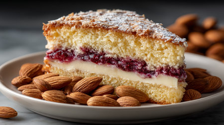Delicious Almond and Raspberry Cake Slice on White Dish, Garnished with Almonds for a Gourmet Lookの素材