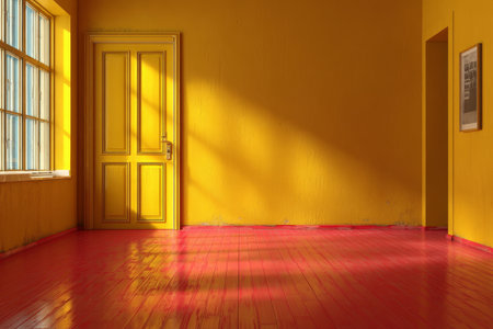 Minimalist Interior Scene with Closed Door and Crimson Wooden Floors, Illuminated by Soft Light Raysの素材