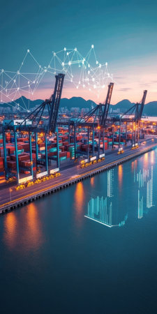 Coastal Port with Cargo Cranes Transporting Shipping Containers at Sunset and Data Visualizationの素材