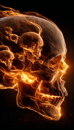 Dynamic Visuals of a Flaming Skull in Dark Vivid Colors for Artistic Creations and Prints.の素材