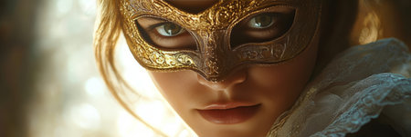 Enigmatic Lady in Golden Venetian Eye Mask at Masquerade Ball, Captivating Mystery and Eleganceの素材