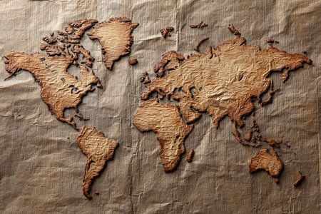 Vintage World Map on Crumpled Paper with Grunge Details, Perfect for Travel and Geography Loversの素材