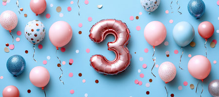 Colorful Balloons for a Third Birthday Celebration Featuring a Golden Number Three Decorationの素材