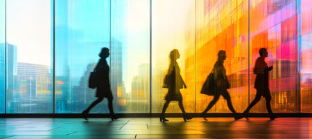 Silhouetted People Walking in an Illuminated Abstract Neon Window of a Modern Corporate Officeの素材