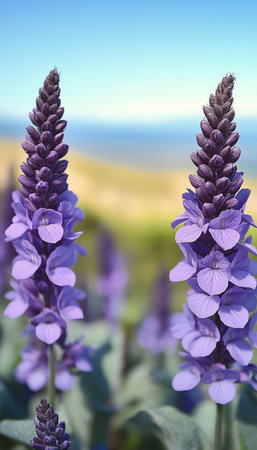 Serene Coastal Vista Featuring Vibrant Lavender Blossoms and Aromatic Purple Flowers by the Seaの素材