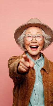 Elderly woman in glasses joyfully indicating copy space against a serene background of happiness.の素材