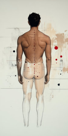 Detailed Aesthetic Illustration of Back Acupuncture Points Chart for Health and Wellness Educationの素材