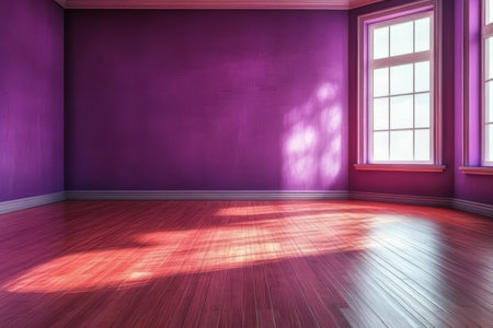 Serene Sunlit Amethyst Room Minimalist Design Featuring Natural Wooden Flooring and Elegant Windowsの素材