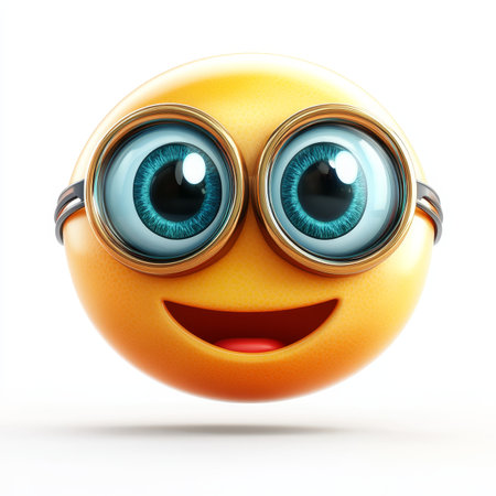Bright Yellow Smiling Emoji with Goggle Eyes in Detailed Close-Up Digital Render on White Backgroundの素材