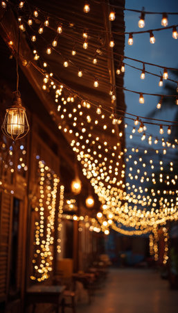 Charming Outdoor Celebration with Warm, Ambient Lighting and Festive Decorations Under a Starry Skyの素材