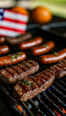 Summer BBQ Grill Party with Juicy Sausages and Delicious Steaks Featuring American Flag Themeの素材