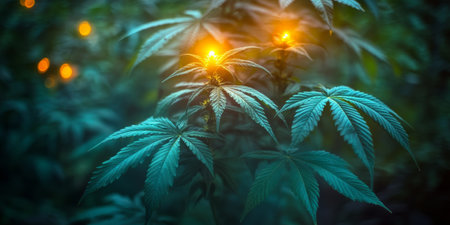 Vibrant Cannabis Sativa Plants Growing Under Golden Evening Light in a Legal Outdoor Plantationの素材