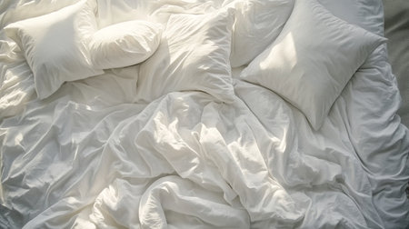 Elegant Crisp White Bedding Set on a Plush Bed, Creating a Cozy and Serene Sleep Environmentの素材