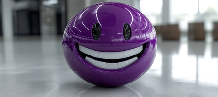 Three Dimensional Smiley Face Character with Shiny Metallic Look on Soft Blurred Background Designの素材