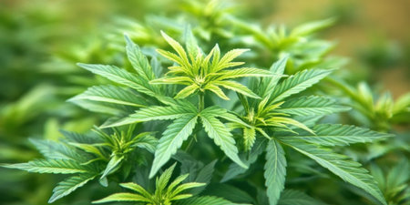 Vibrant hemp field showcasing lush cannabis Sativa plants thriving naturally under bright sunlight.の素材