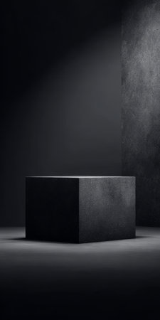 Black Cube Stage with Shadowy Gradient Backdrop and Minimal Podium for Product Display Showcaseの素材