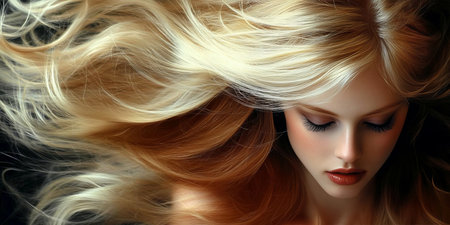 Beautiful Portrait of a Woman with Flowing Blonde Hair and Vibrant Colors Emphasizing Youthful Charmの素材