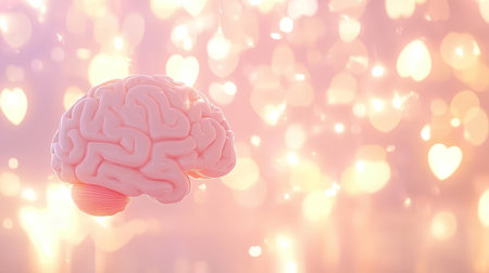 Vibrant Brain Representation Symbol Glowing with Happiness and Emotions in Pink and Orange Blurの素材