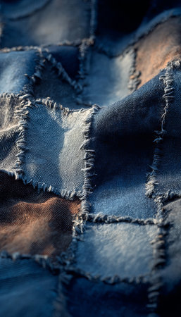 Modern Abstract Indigo Denim Patchwork Mosaic Design for Sustainable Art and Textured Backgroundsの素材