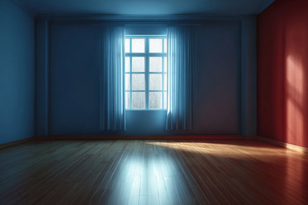 Illuminated Minimalist Interior with Sun Rays Through Window, Wooden Floor, and Dramatic Colorsの素材