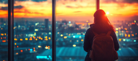 Pensive tourist woman looking out of tall office window at vibrant city skyline during twilight.の素材