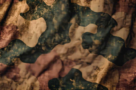 Tarnished Camouflage Design Fabric for Military Apparel Background with Khaki and Beige Patternsの素材