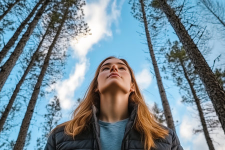Young woman enjoying the serenity of nature, gazing at the sky with a peaceful and happy expression.の素材