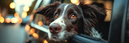 Excited Brown and White Springer Spaniel Enjoys the Wind at the Car Window on a City Road Tripの素材