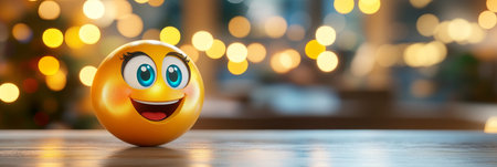 Smiling female emoji with captivating teal eyes and joyful expression on a wooden table backgroundの素材