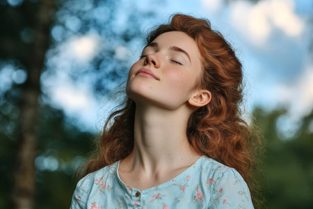 Serene Young Woman Enjoying Nature, Taking Deep Breaths Outdoors Under a Peaceful Sky Atmosphereの素材