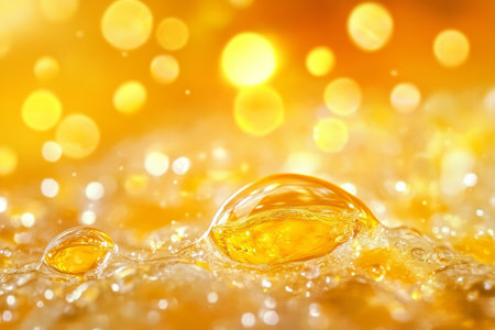 Cellular Hydration Radiant Dewy Gold Oil Drops on Skin with Illuminated Water Molecule Backgroundの素材