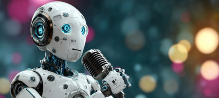Futuristic AI Singer Performing with a Retro Chrome Microphone Against a Bright Bokeh Backgroundの素材
