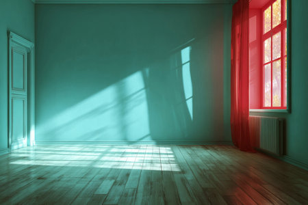 Bright Sunlit Room with Wooden Floor and Minimalist Green Walls, Serene Interior Bathed in Lightの素材