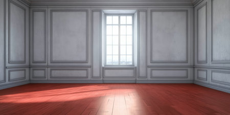 Minimalist Architectural Interior with White Wood-Paneled Walls and Natural Light Streaming Inの素材