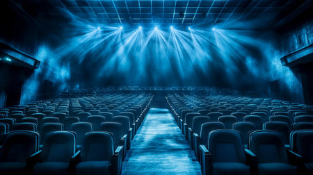 Silent Echoes in a Dark Blue Cinema with Empty Seats, Soft Radiant Light, and Peaceful Atmosphereの素材