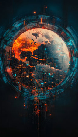 Vibrant Earth Surrounded by Glowing Light Trails, Symbolizing Global Connectivity and Cyber Futureの素材