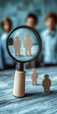 A Person Analyzing Wooden Human Figures with a Magnifying Glass, Representing Leadership Solutionsの素材