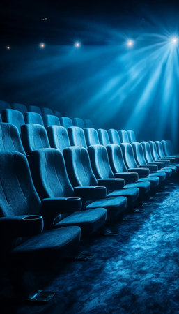 Quiet Theater Interior with Rows of Empty Blue Seats and Soft Ambient Lighting, Evoking Solitude.の素材