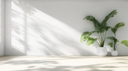 Bright Living Room with Soft Sunshine, White Wall for Mockup, Elegant Dcor, and Green Plantsの素材