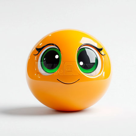 Whimsical 3D Yellow Emoji with Big Expressive Eyes Presenting Joy and Fun in a Clean White Studioの素材