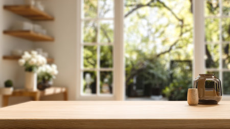 Empty Stylish Table Product Photography Studio Space with Modern Home Interior and Nature Viewの素材